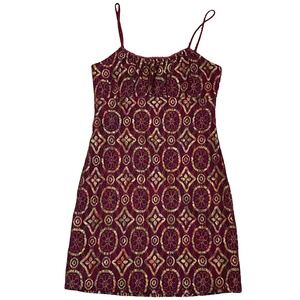 Aqua Blues Geometric Medallion Mini Dress S Babydoll Burgundy Metallic Y2K 90s